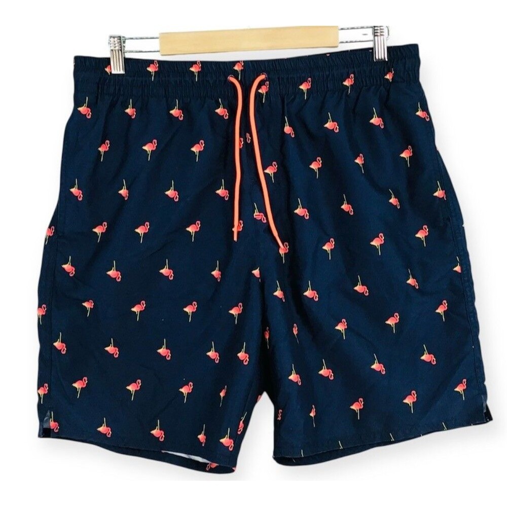 Old Navy Swim Trunks Shorts Men's Large Navy Pink Flamingo Pattern Mesh Lining